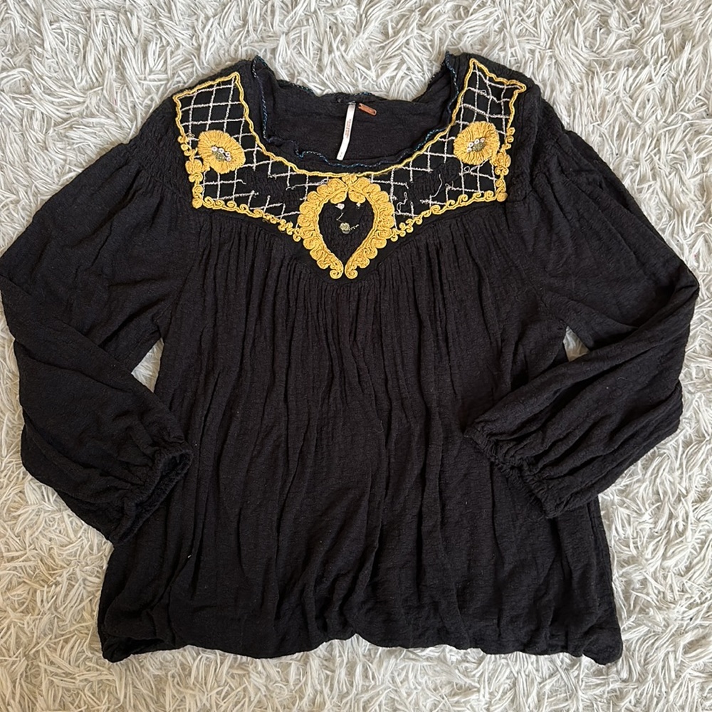Free People Begonia Black Embroidered Top
